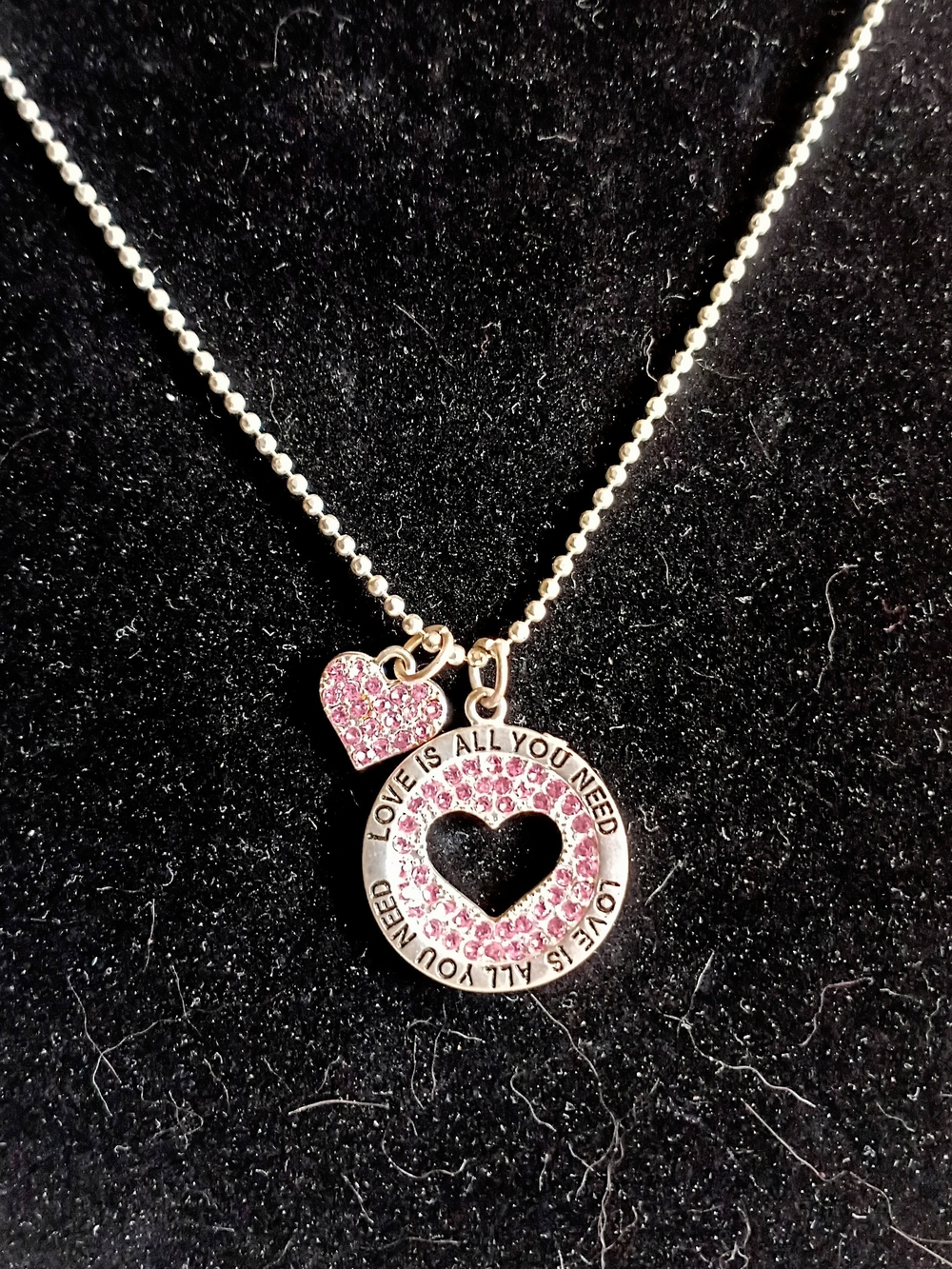 Silver-Tone Heart Pendant Necklace with Pink Accents